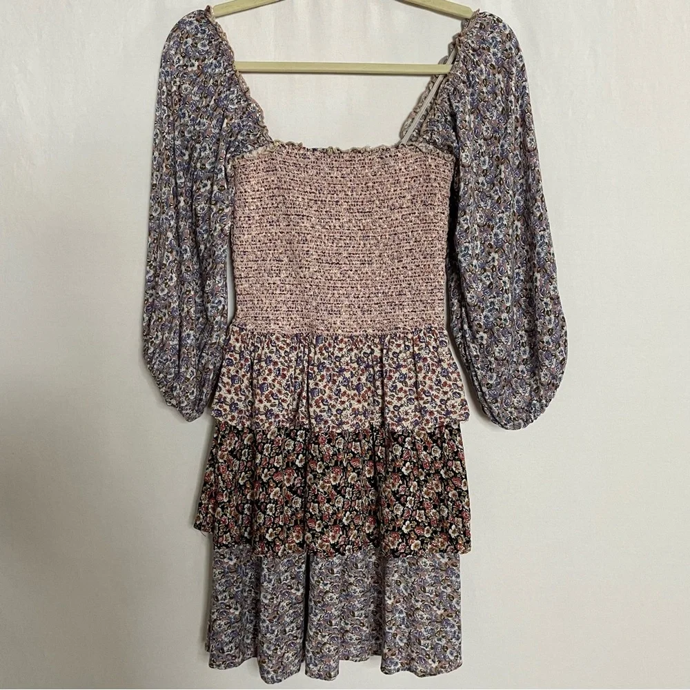 Storia Boho Smocked Chest Mixed Floral Print Tiered Peasant Mini Dress_4
